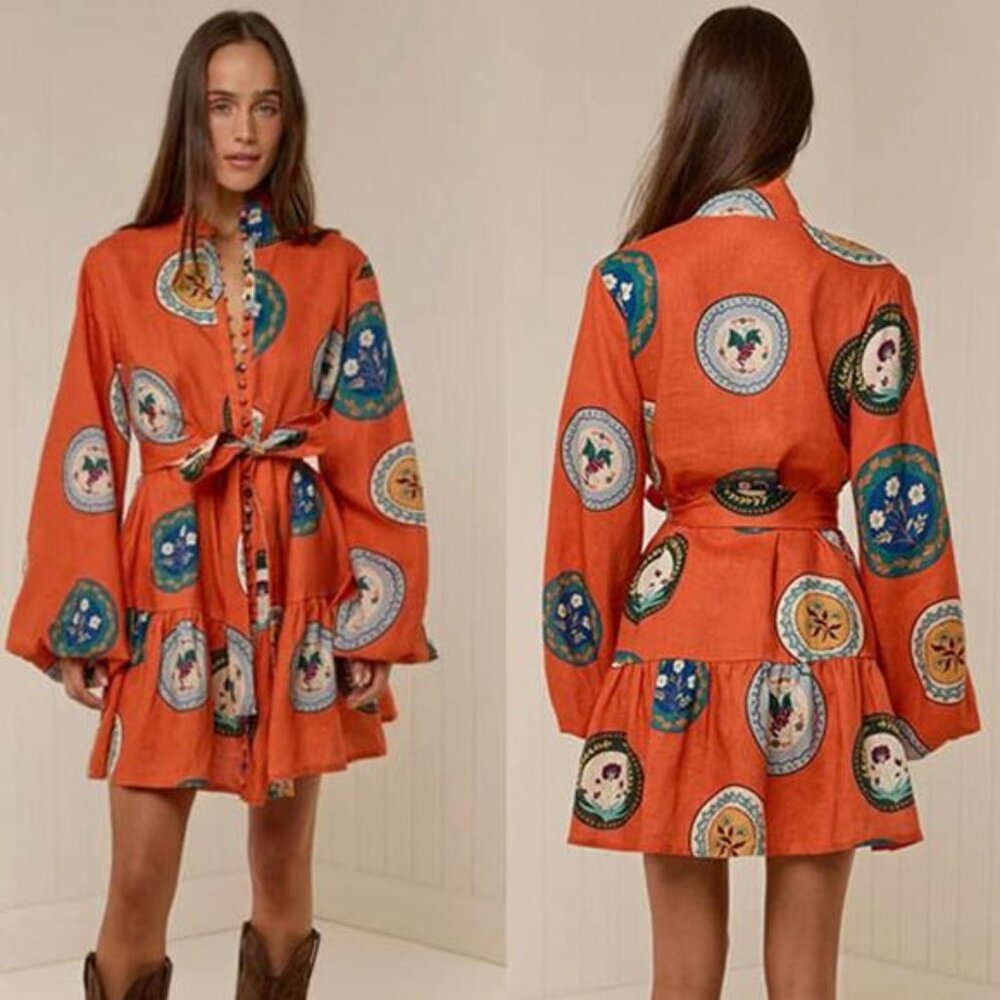 NEW Palm Noosa Austin Linen Long Balloon Sleeve Mini Dress Orange Plates Size:12